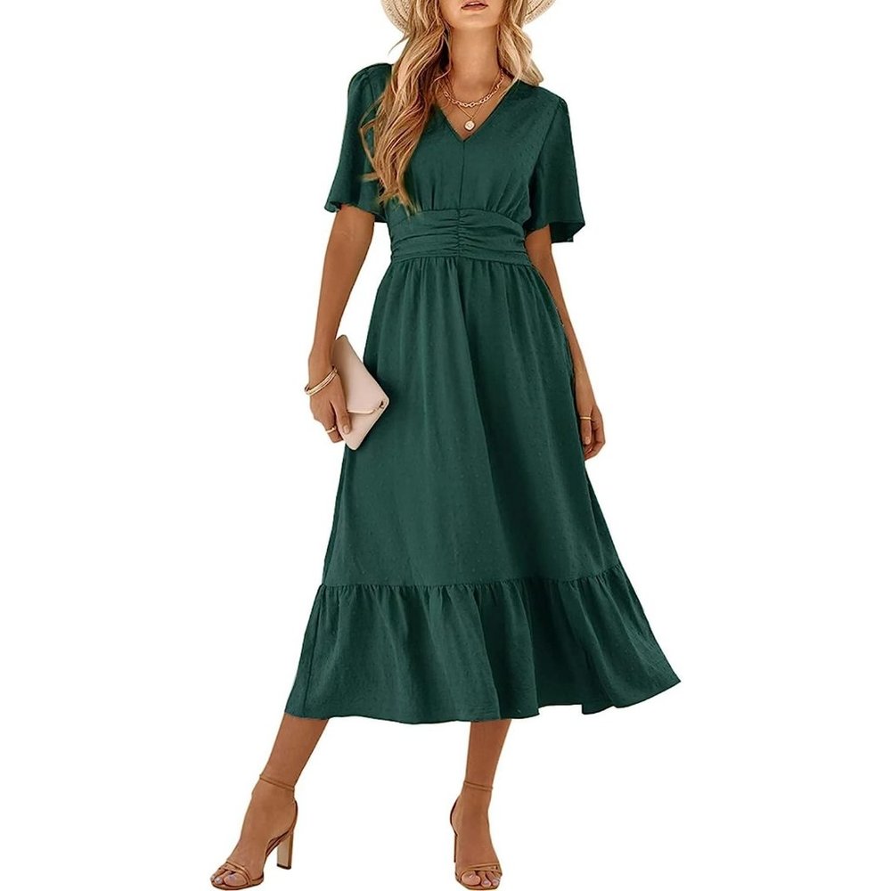IFFEI Summer Maxi Dress V Neck Chiffon Ruffle Sleeve Swiss Dots A-Line Dress
